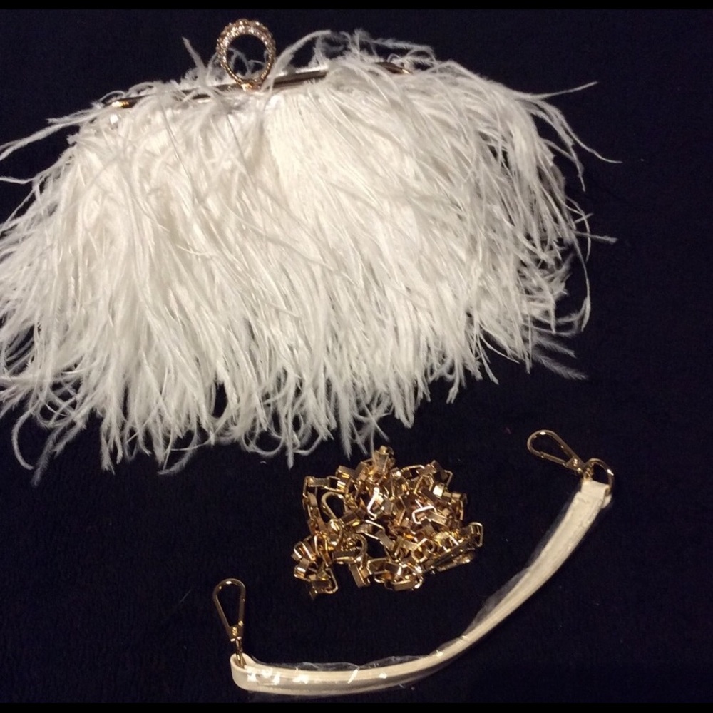 🌸 OSTRICH PURSE FEATHER HARD CLUTCH BAG BOHO CHIC DESIGNER ELITE HANDLE CHAIN - Picture 10 of 12